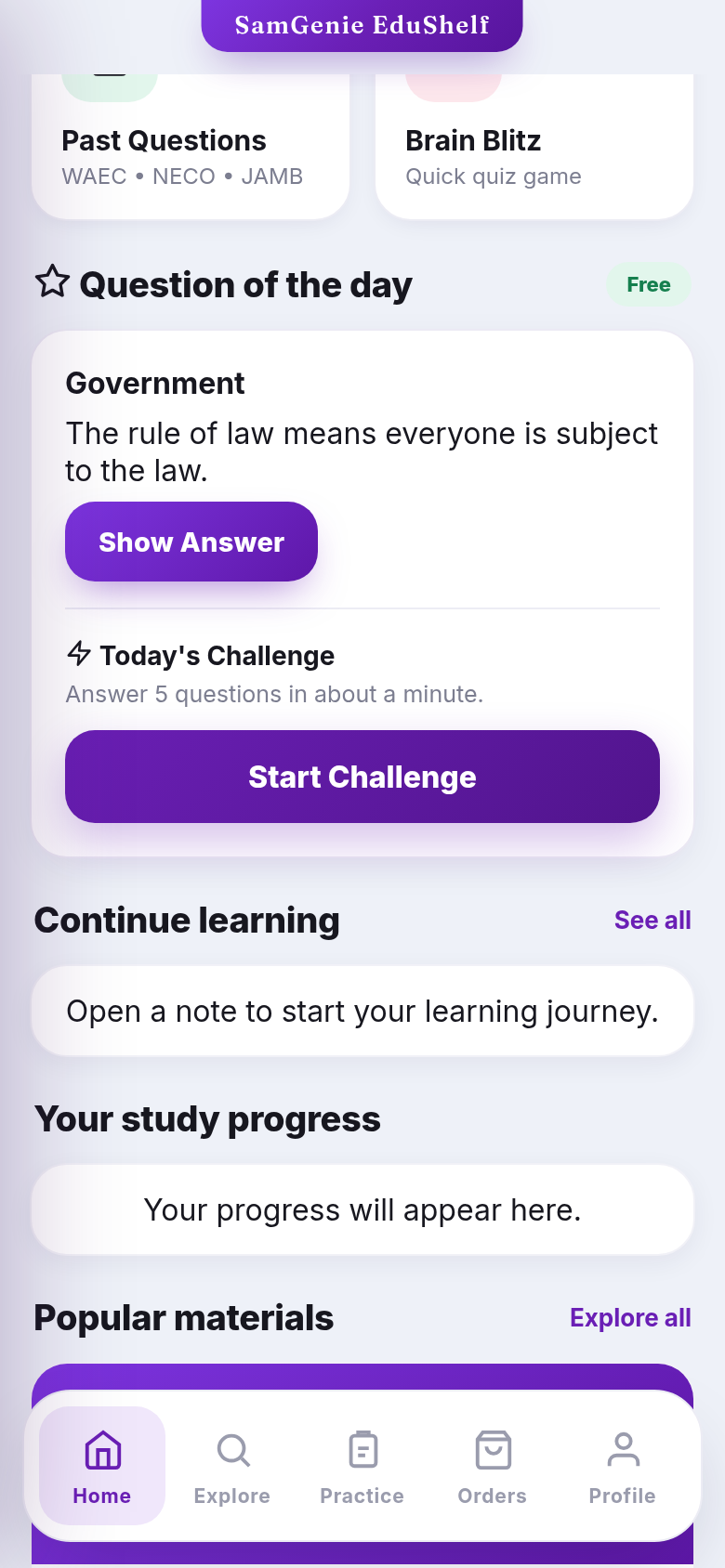 Daily challenge and popular materials