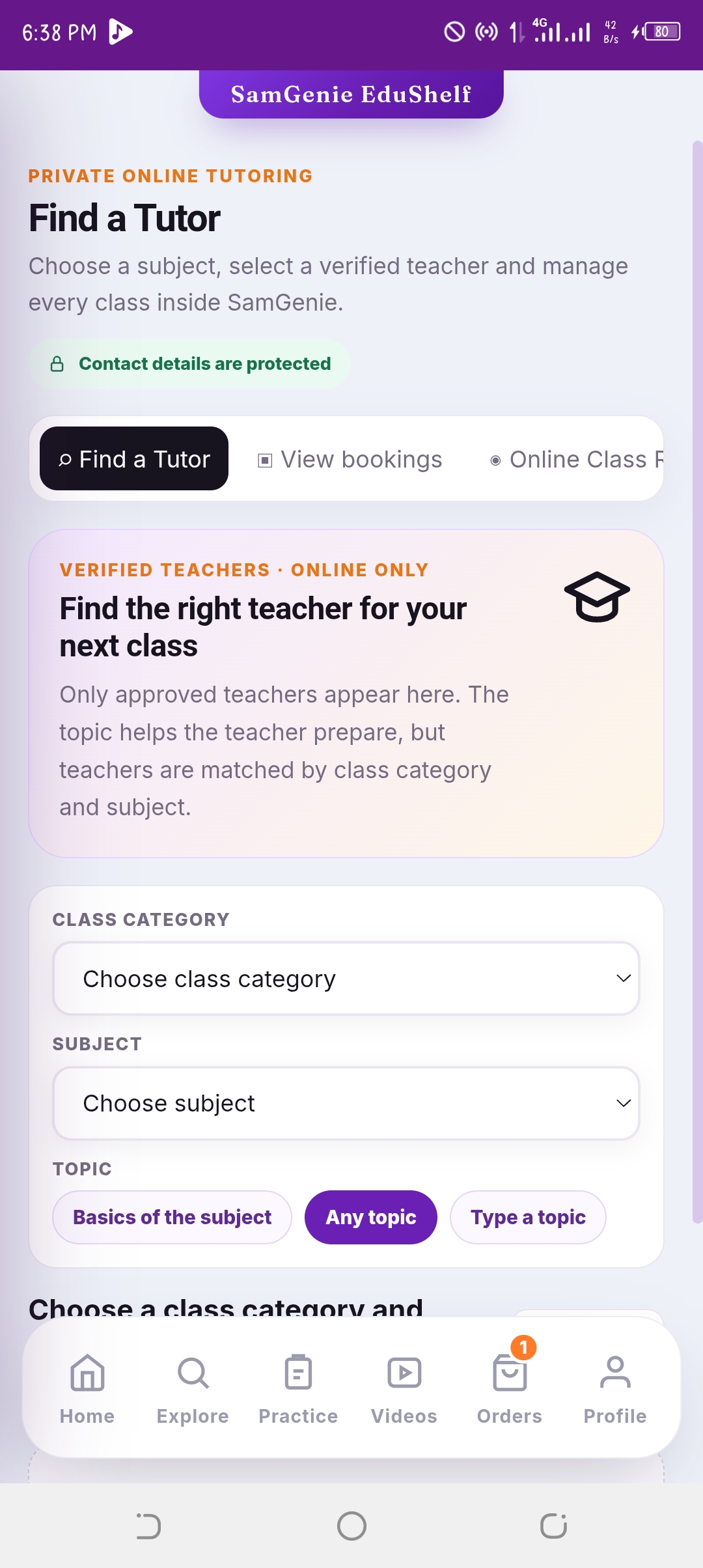 Find a Tutor screen in SamGenie EduShelf