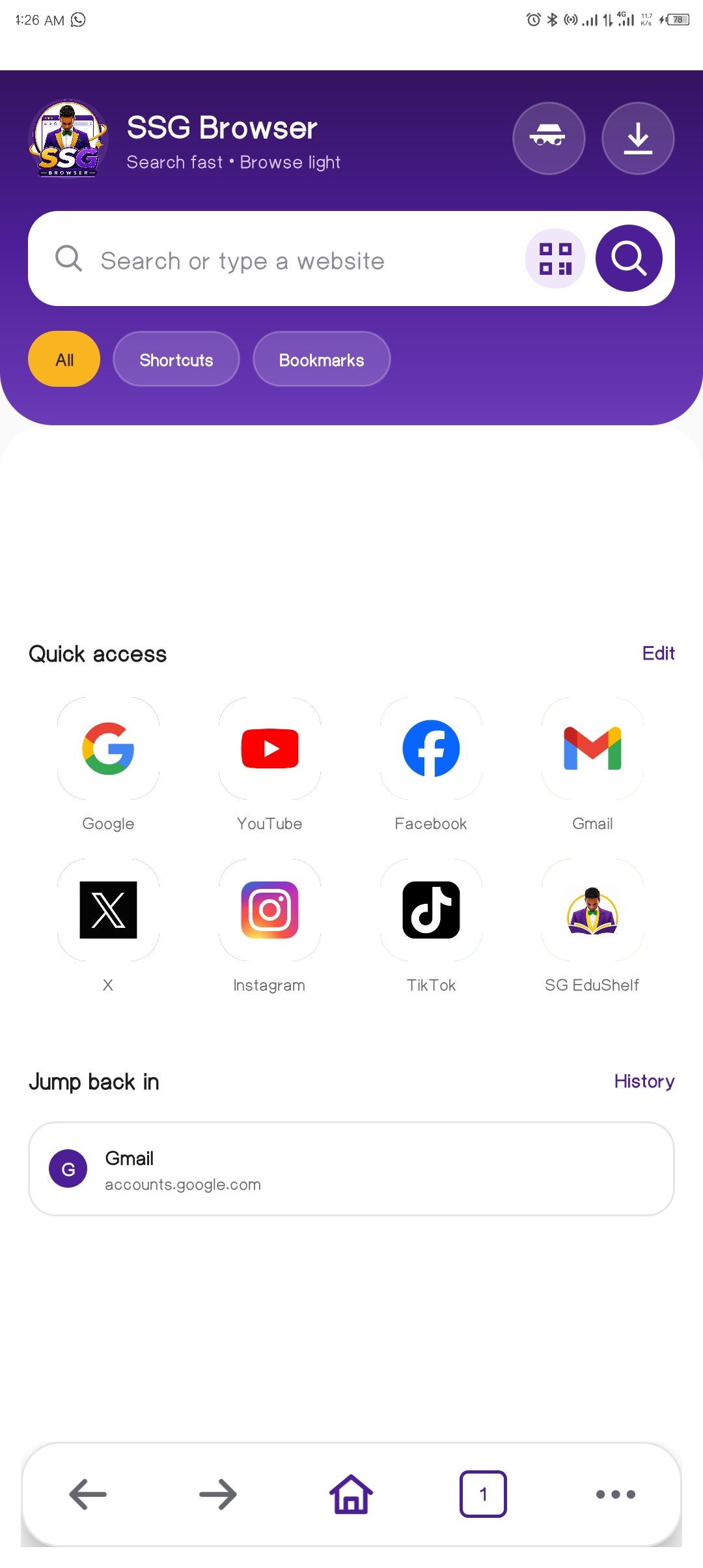 SSG Browser start page with quick access tiles