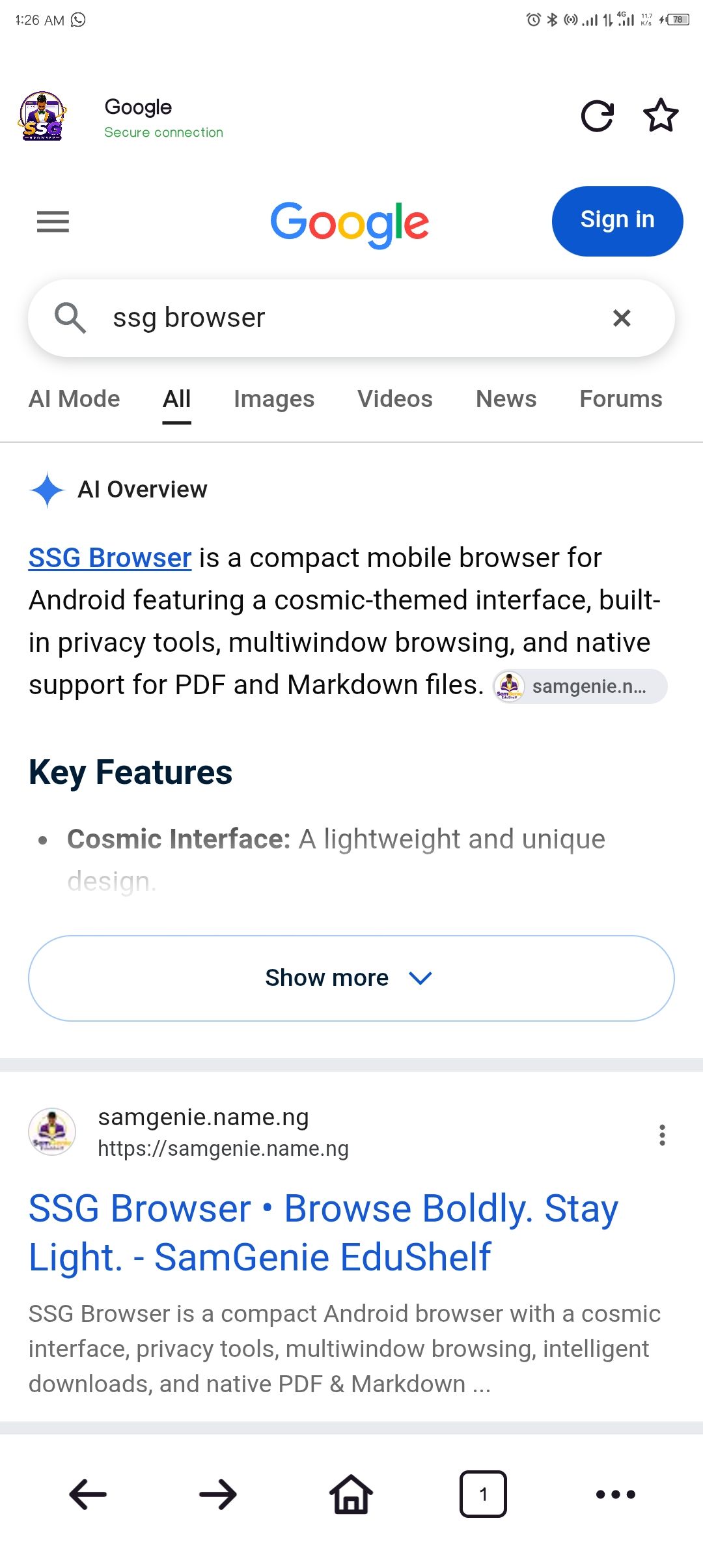 SSG Browser displaying search results