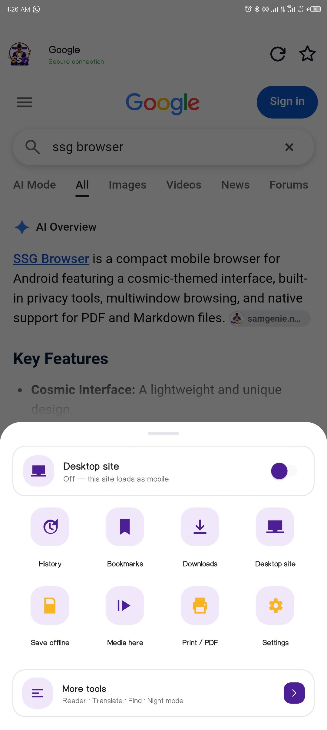 SSG Browser quick menu