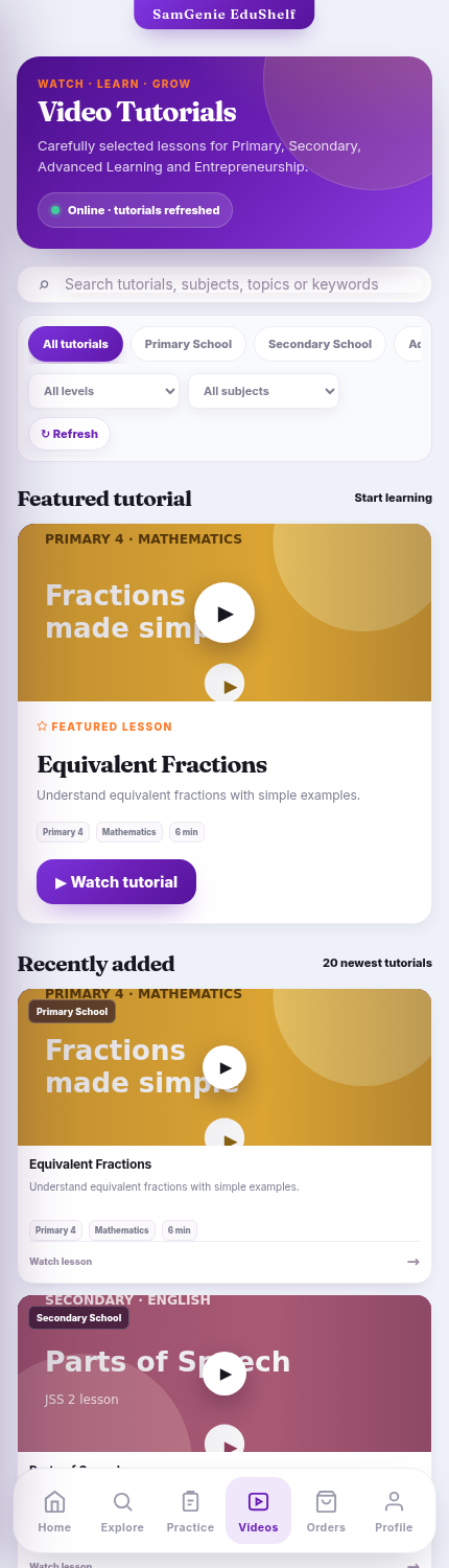 SamGenie EduShelf mobile Video Tutorials section